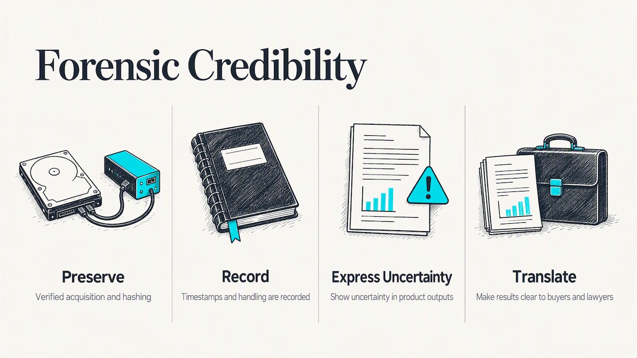 Our perspective: forensic credibility is a product feature — overview diagram