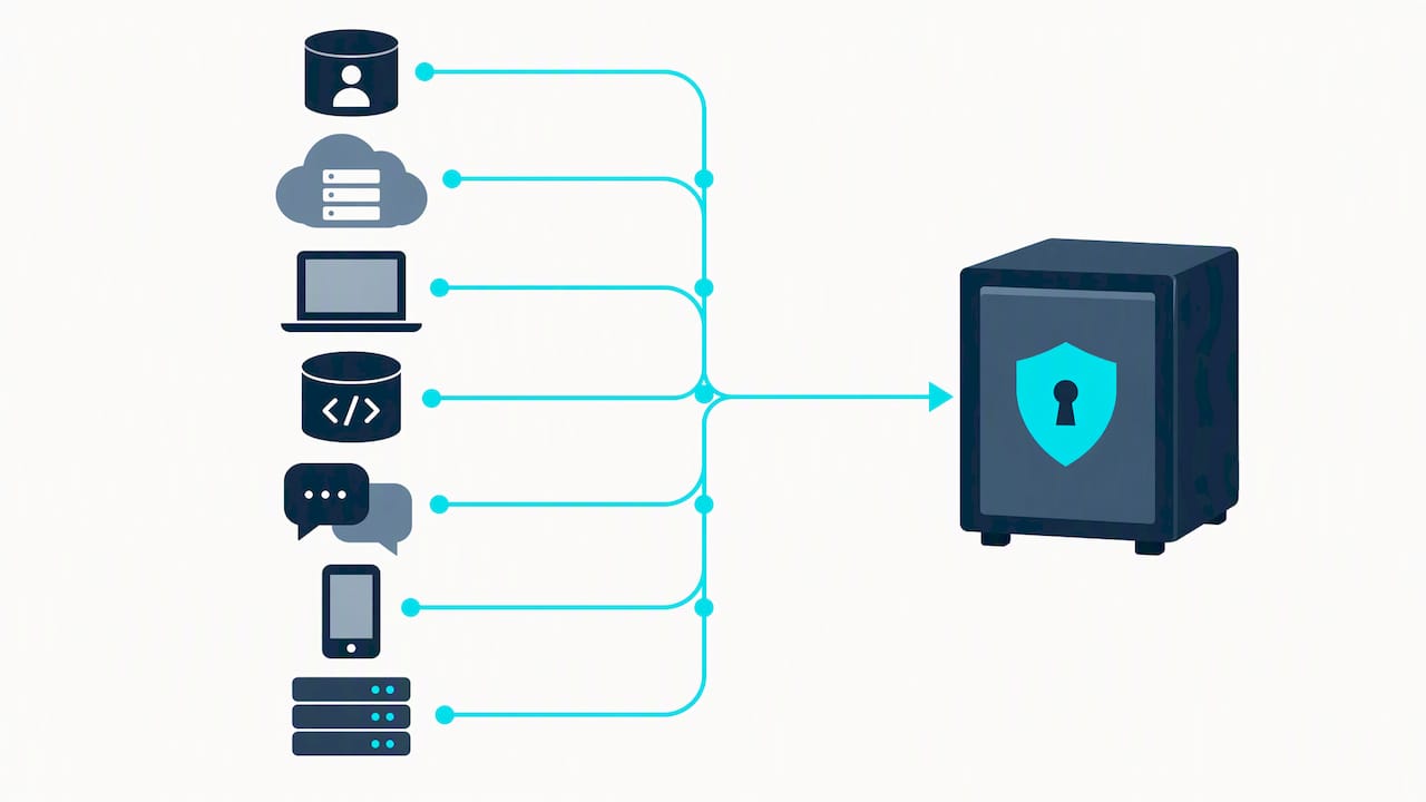 Evidence-source icons mapped to a central archive