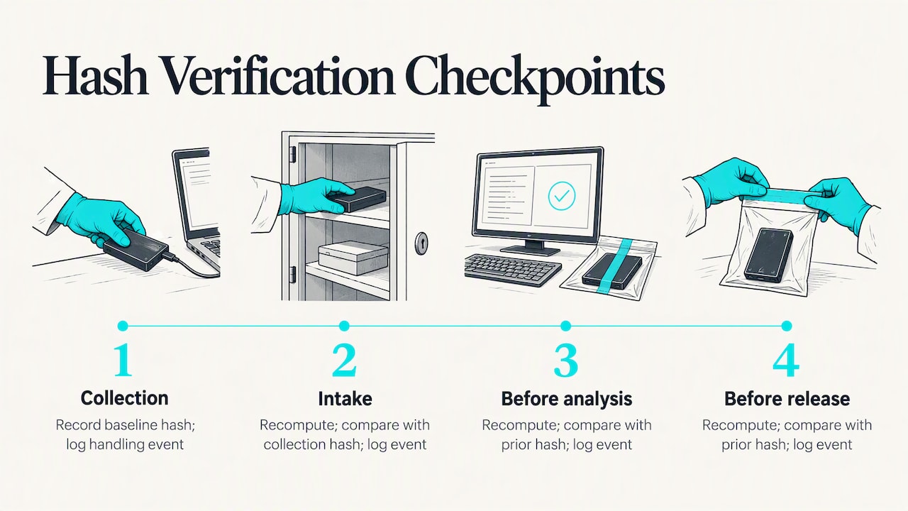 Hash checkpoints and audit trail across evidence handling