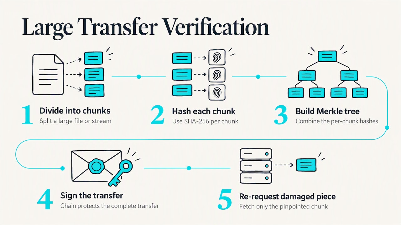 Per-chunk hashes form a verifiable transfer tree